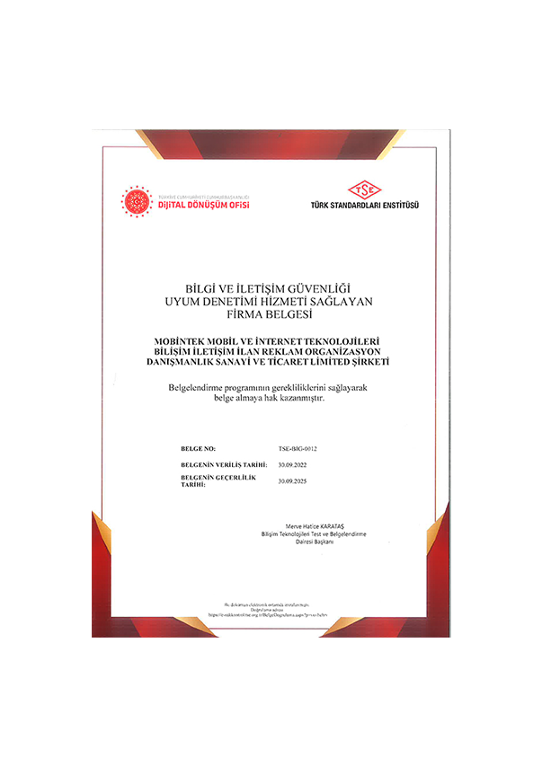 T.C. Cumhurbaşkanlığı Dijital Dönüşüm Ofisi - TSE Bilgi ve İletişim Güvenliği Uyum Denetim Hizmeti Sağlayan Firma Belgesi