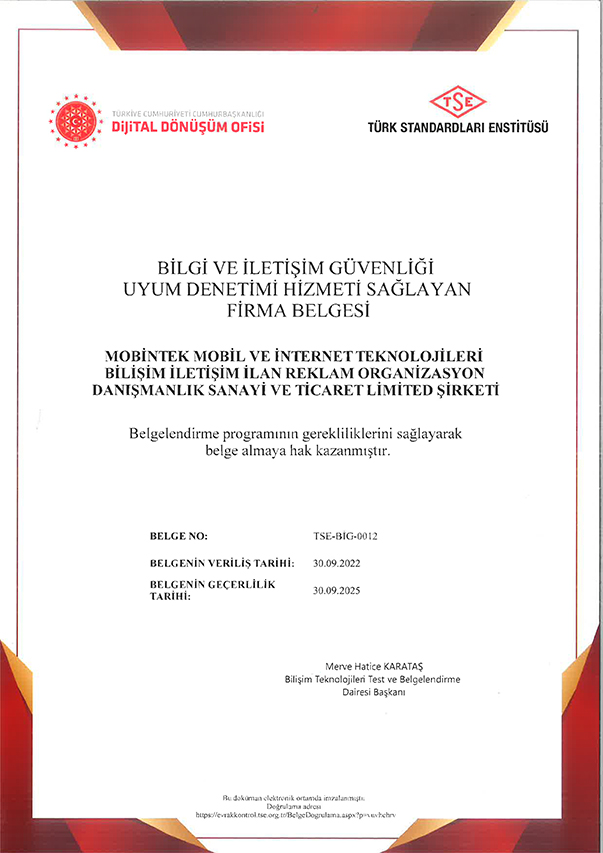 T.C. Cumhurbaşkanlığı Dijital Dönüşüm Ofisi - TSE Bilgi ve İletişim Güvenliği Uyum Denetim Hizmeti Sağlayan Firma Belgesi