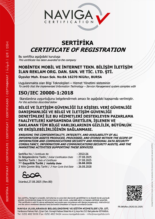 ISO 20000-1:2018 Bilgi Teknolojileri Hizmet Yönetim Sistemi Sertifikası