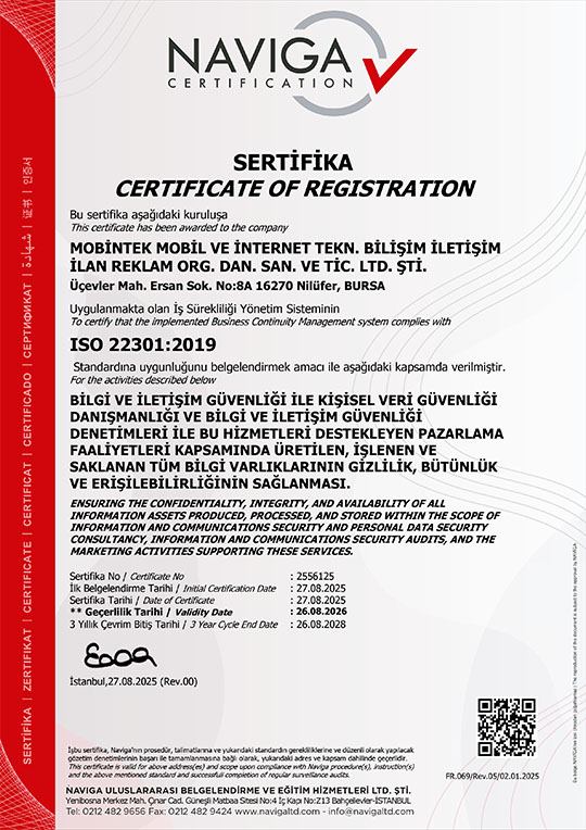 ISO 22301:2019 İş Sürekliliği Yönetim Sistemi Sertifikası