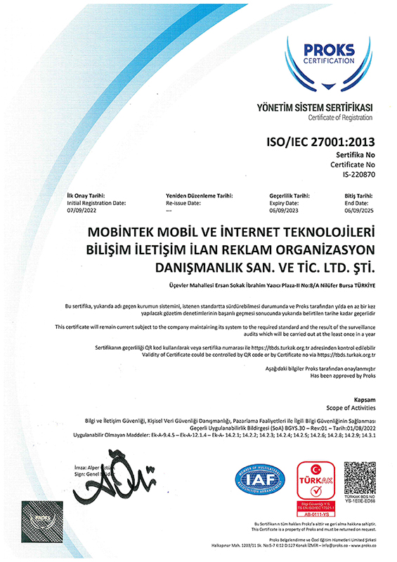 ISO/IEC 27001:2013 Bilgi Güvenliği Yönetim Sistemi Sertifikası