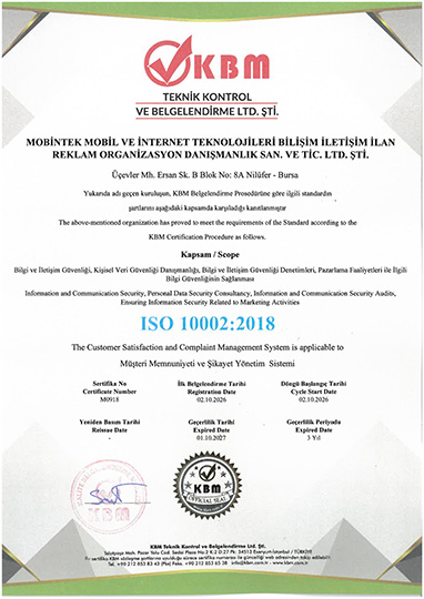 ISO 10002:2018 Kalite Yönetim Sistemi Müşteri Memnuniyeti Sertifikası