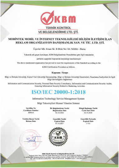 ISO 20000-1:2018 Bilgi Teknolojileri Hizmet Yönetim Sistemi Sertifikası