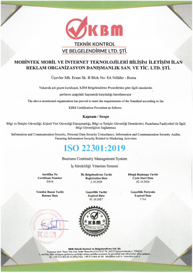 ISO 22301:2019 İş Sürekliliği Yönetim Sistemi Sertifikası